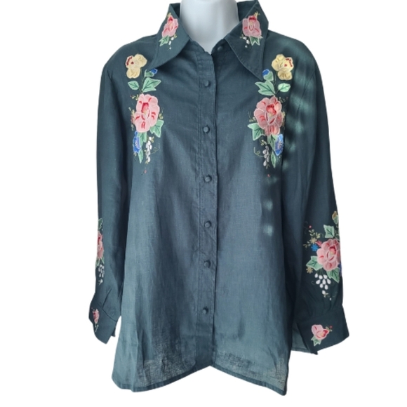 Chasing Unicorns Tops - Chasing Unicorns Linen Embroidered Western Shirt Green Atlantic Deep Size Medium